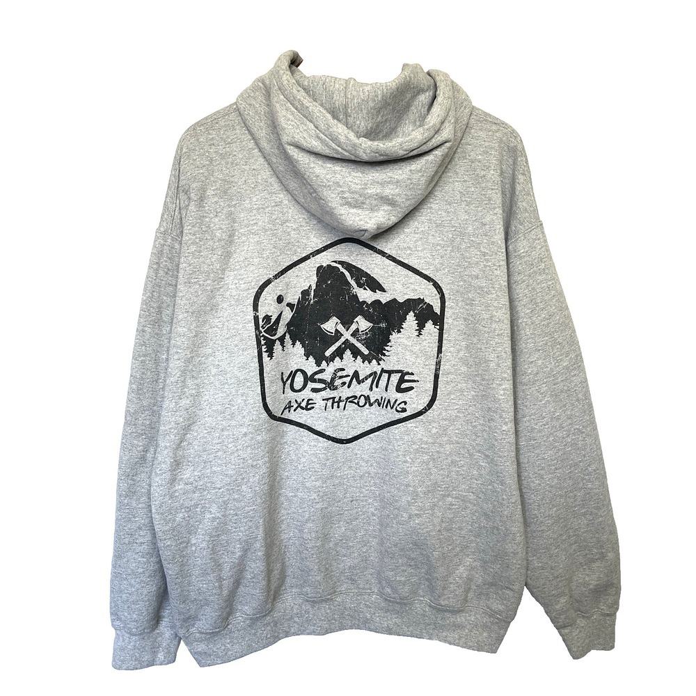 Vintage Mens Yosemite Axe Throwing Hoodie XL Gray Gorpcore Outdoors Cabincore